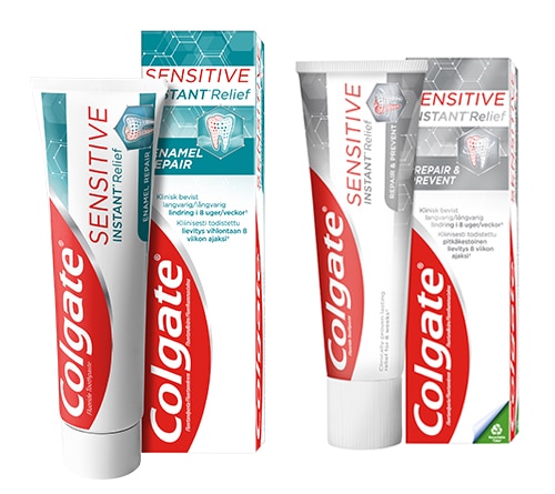 PreviDent toothpaste tube, Colgate total tube, and Colgate Sensitive tube product images